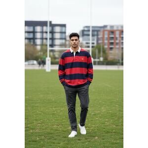 VTG Y2K Chaps Men's XL Navy Blue Blue White Rugby Long Sleeve Shirt Preppy